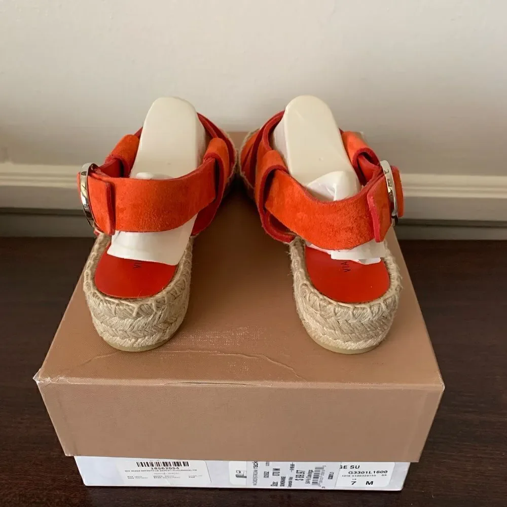 💕Via Spiga Women’s gia suede espadrille wedge strappy sandal in orange Sz 7 NIB